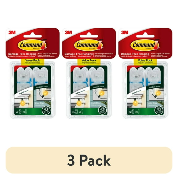 (3 pack) Command Indoor and Outdoor Light Clips, Clear, Hang Lights, 24 Clips and 28 Strips, Holiday Decorations