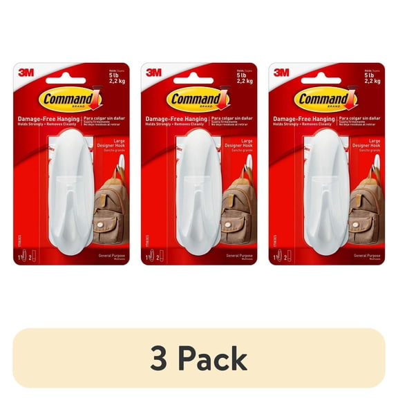 (3 pack) Command Large Designer Hook, White, 1 Wall Hook