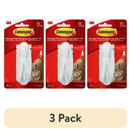 (3 pack) Command Large Designer Hook, White, 1 Wall Hook