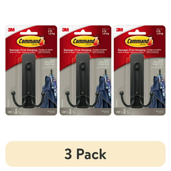 (3 pack) Command Large Double Wall Hooks, Black, Damage Free Decorating, 1 Hook