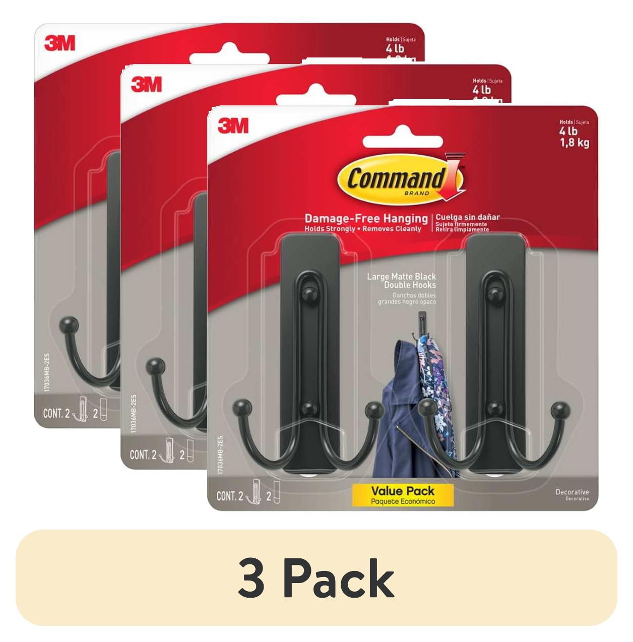 (3 pack) Command Large Double Wall Hooks, Black, Damage Free Decorating, 2 Hooks