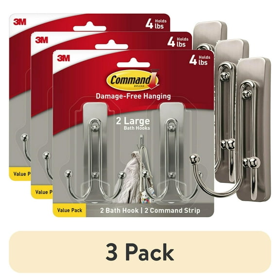 (3 pack) Command Large Double Wall Hooks, Brushed Nickel, Damage Free Decorating, 2 Hooks