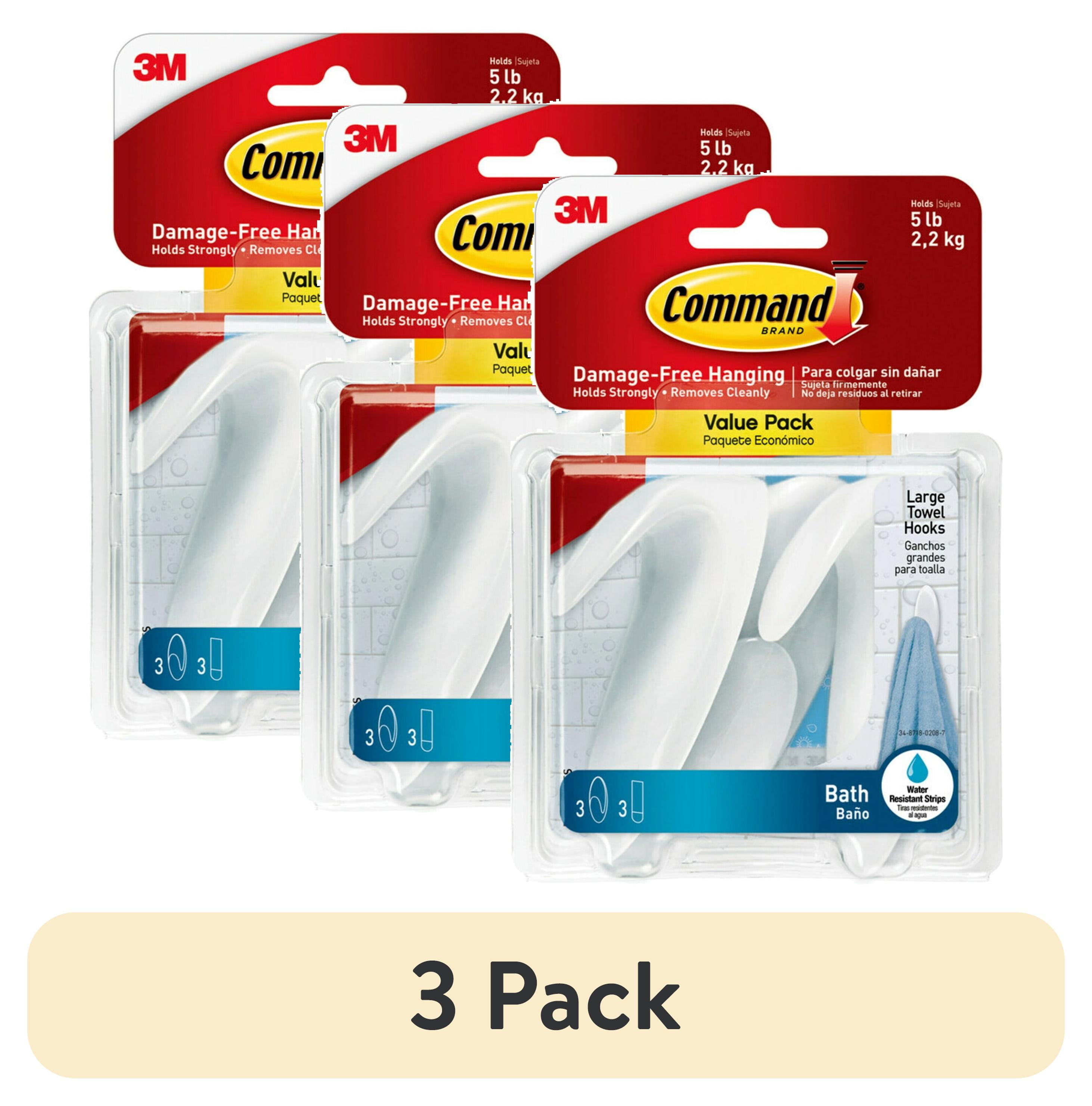 (3 pack) Command Large Towel Hooks Value Pack, Frosted, 3 Wall Hooks, Holds 5 lbs, Bathroom Organization