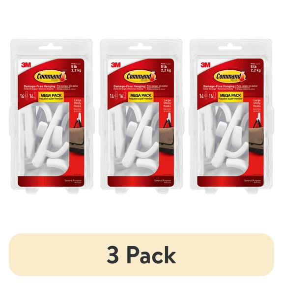 (3 pack) Command Large Utility Hooks, White, Damage Free Decorating, 14 Hooks and 16 Command Strips