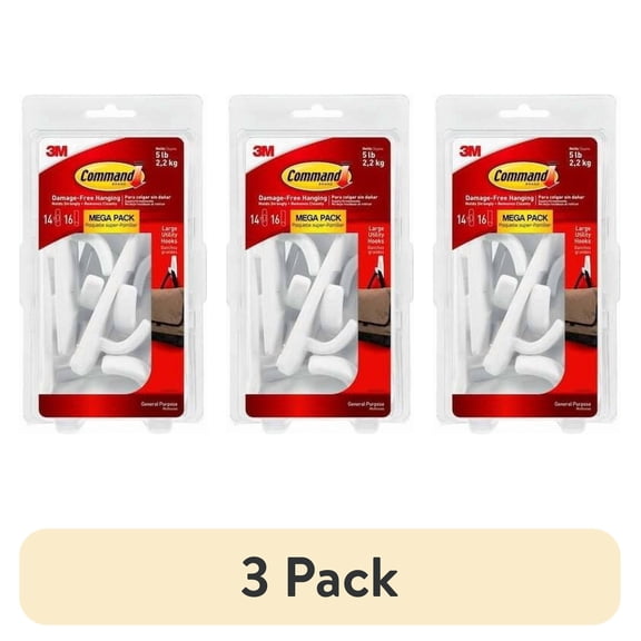 (3 pack) Command Large Utility Hooks, White, Damage Free Decorating, 14 Hooks and 16 Command Strips