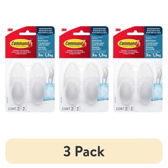 (3 pack) Command Medium Bath Hooks, Frosted, 2 Wall Hooks, 2 Water Resistant Strips, Bathroom Organization