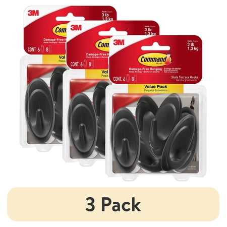 (3 pack) Command Medium Slate Terrace Hook Value Pack, 6 Wall Hooks