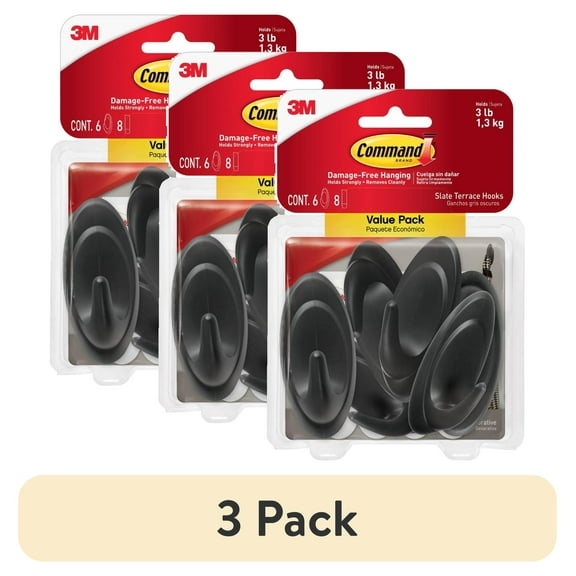 (3 pack) Command Medium Slate Terrace Hook Value Pack, 6 Wall Hooks