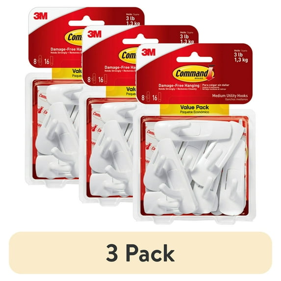 (3 pack) Command Medium Utility Hooks, White, Damage Free Organizing, 8 Hooks and 16 Command Strips