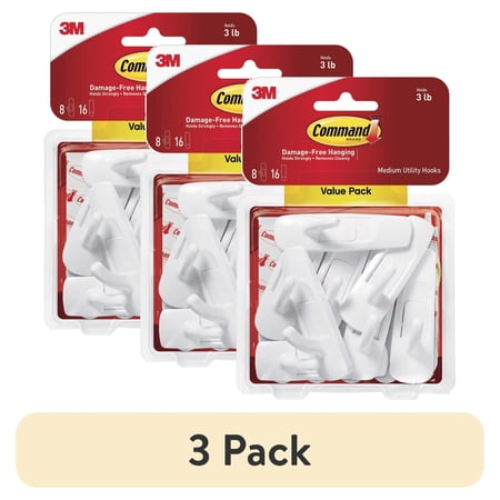 (3 pack) Command Medium Utility Hooks, White, Damage Free Organizing, 8 Hooks and 16 Command Strips