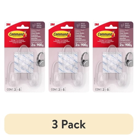 (3 pack) Command Medium Wall Hooks, Clear, Damage Free Decorating, 3 Hooks and 6 Command Strips