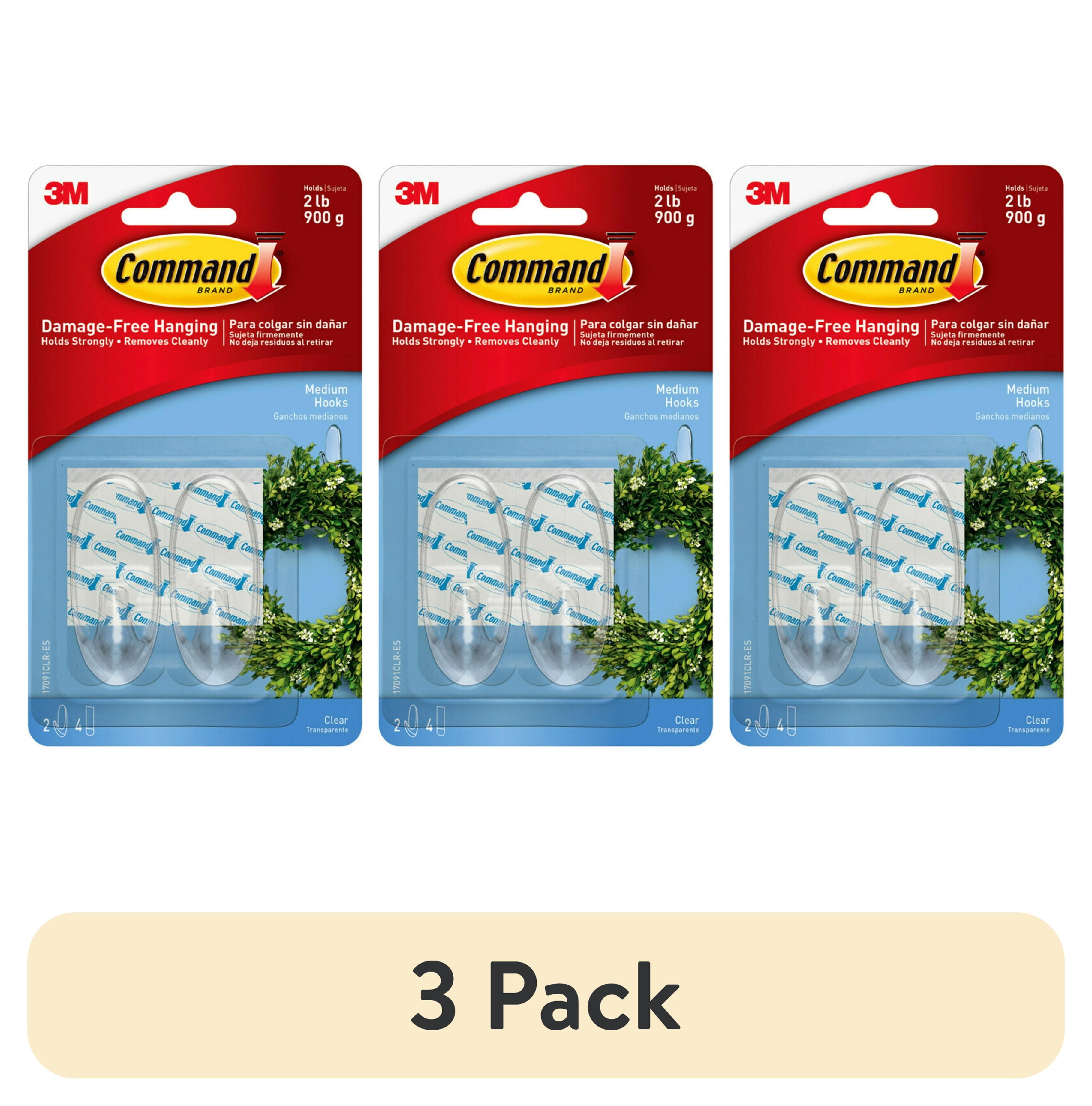 (3 pack) Command Medium Wall Hooks, Clear, Damage Free Hanging of Decorations, 2 Hooks