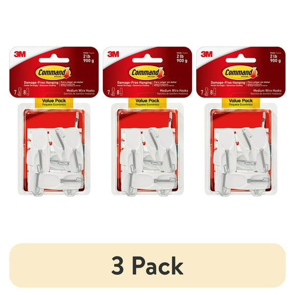 (3 pack) Command Medium Wire Toggle Hooks, White, Damage Free Organizing, 7 Hooks and 8 Strips