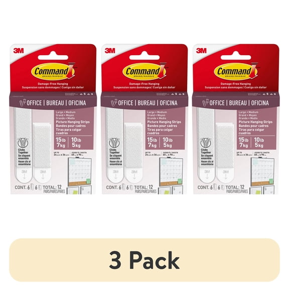 (3 pack) Command Medium and Large Picture Hangers, Holds 10 & 15 lbs, White, 6 Medium, 6 Pairs Large Adhesive Strips