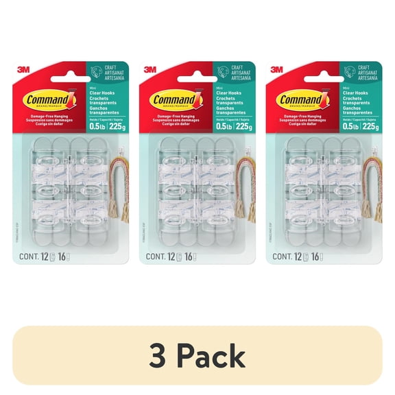 (3 pack) Command Mini Wall Hooks, Clear, Damage Free Decorating, 12 Hooks and 16 Command Strips