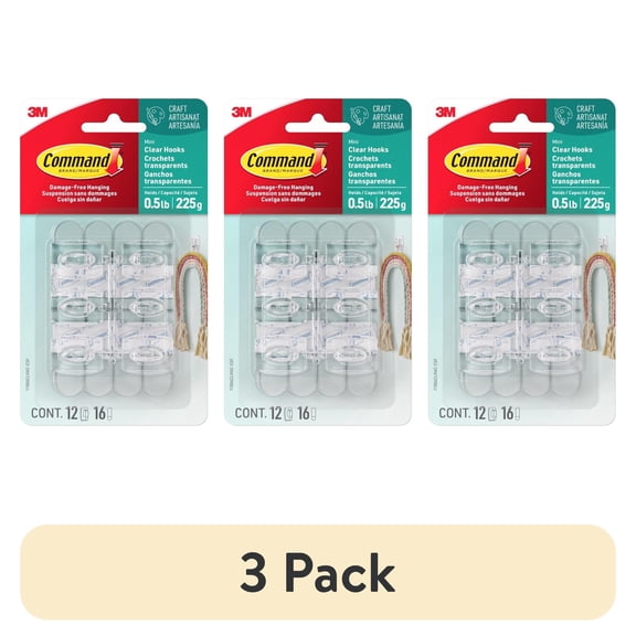 (3 pack) Command Mini Wall Hooks, Clear, Damage Free Decorating, 12 Hooks and 16 Command Strips