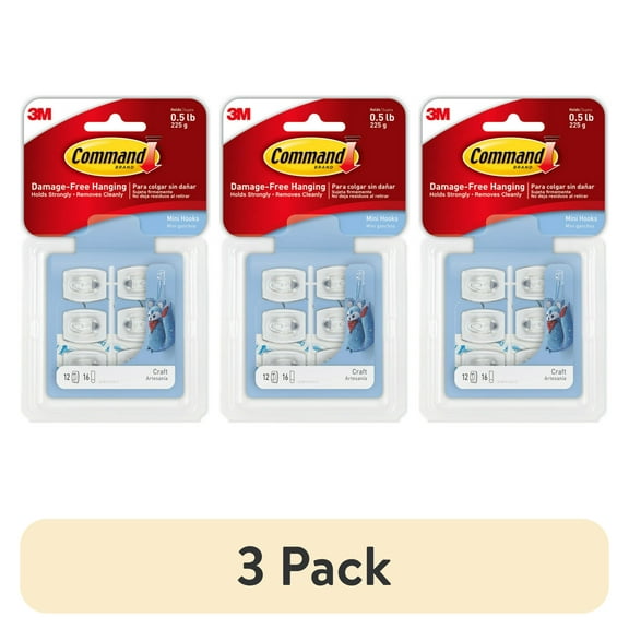 (3 pack) Command Mini Wall Hooks, Clear, Damage Free Decorating, 12 Hooks and 16 Command Strips