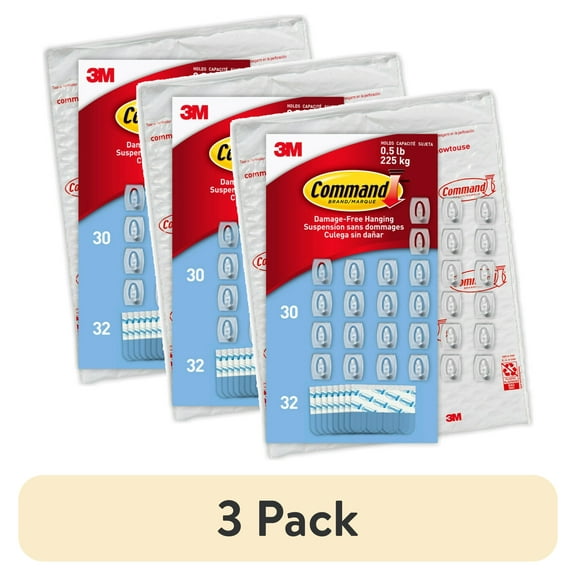 (3 pack) Command Mini Wall Hooks, Clear, Damage Free Decorating, 30 Hooks and 32 Command Strips