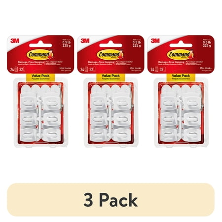 (3 pack) Command Mini Wall Hooks, White, Damage Free Decorating, 24 Hooks and 28 Command Strips
