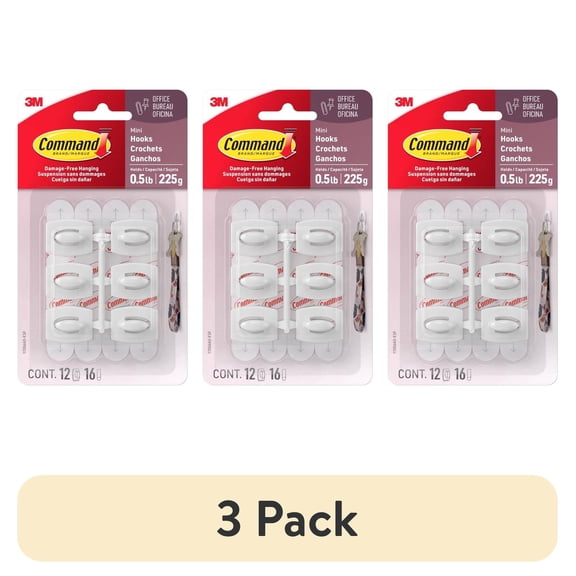 (3 pack) Command Mini Wall Hooks, White, Damage Free Decorating, Twelve Hooks and Sixteen Command Strips