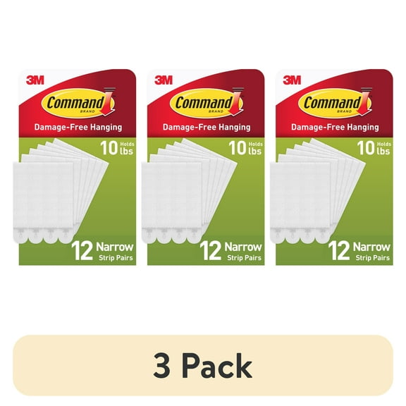 (3 pack) Command Narrow Picture Hangers, Holds 10 lb, White, 12 Pairs Adhesive Strips