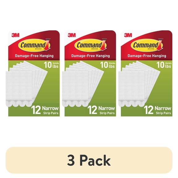 (3 pack) Command Narrow Picture Hangers, Holds 10 lb, White, 12 Pairs Adhesive Strips