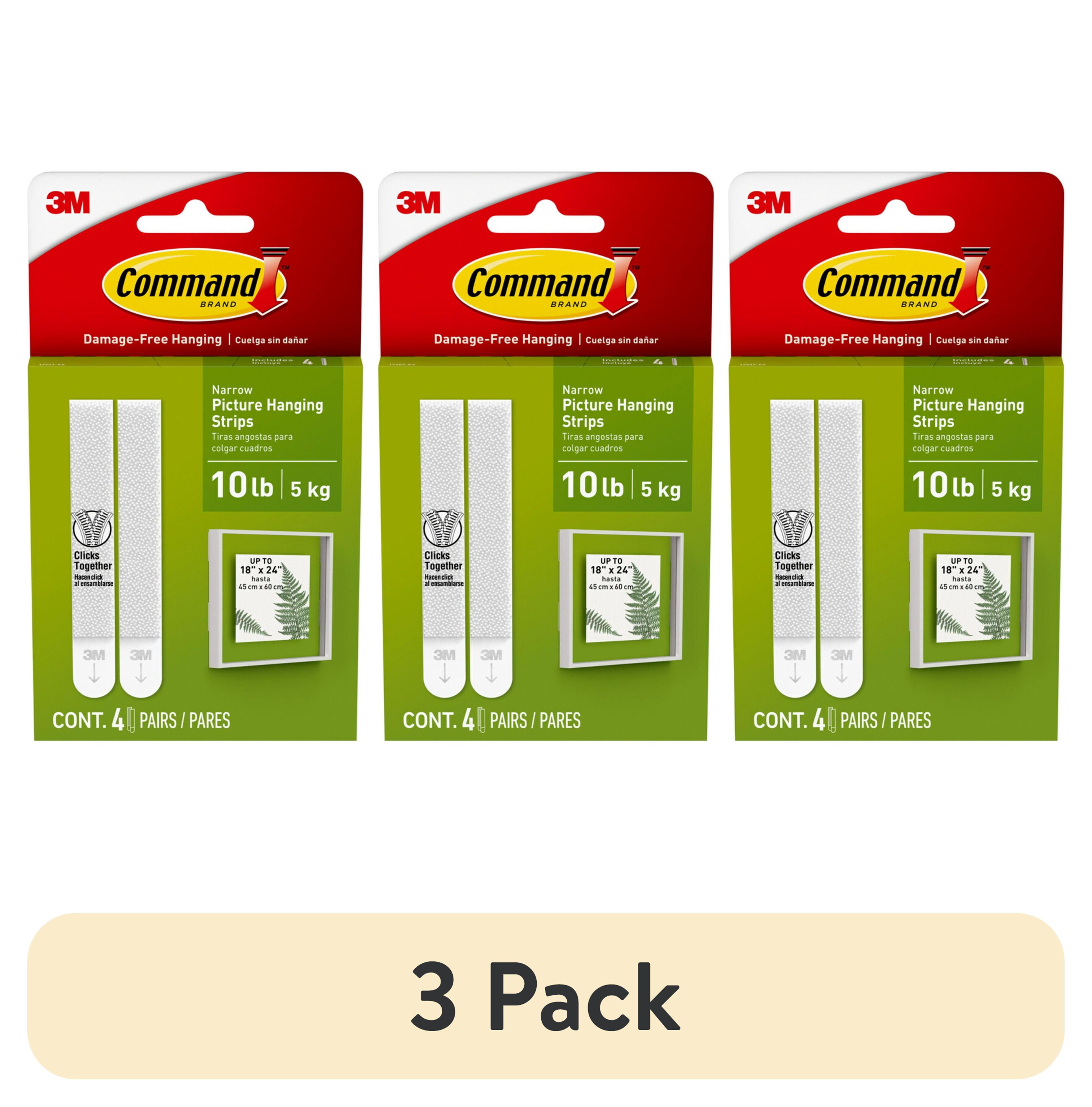 (3 pack) Command Narrow Picture Hangers, Holds 10 lb, White, 4 Pairs Adhesive Strips