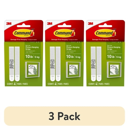 (3 pack) Command Narrow Picture Hangers, Holds 10 lb, White, 4 Pairs Adhesive Strips