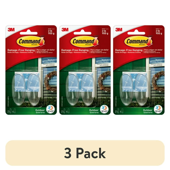 (3 pack) Command Outdoor Clear Window Hooks, Medium, 2 Wall Hooks, 4 Strips/Pack
