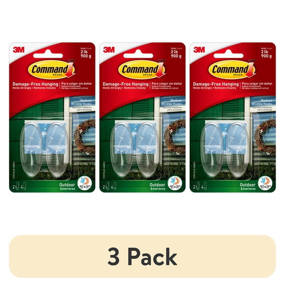 (3 pack) Command Outdoor Clear Window Hooks, Medium, 2 Wall Hooks, 4 Strips/Pack