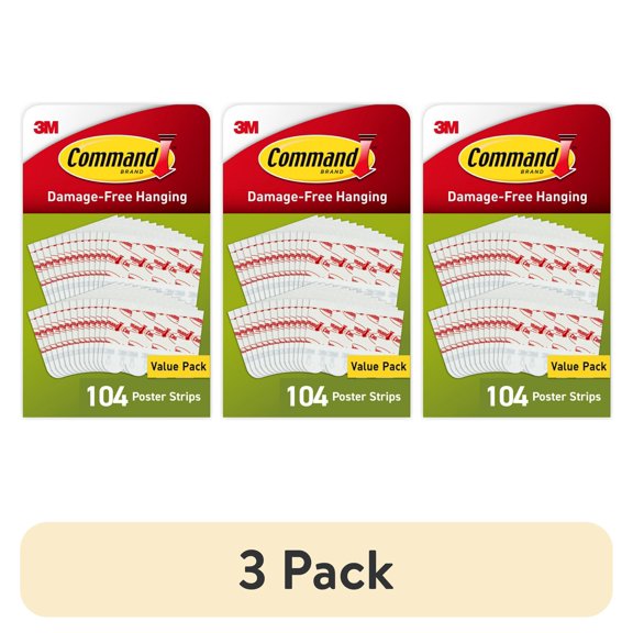 (3 pack) Command Poster Strips, White, Damage-Free Hanging Poster Hangers, 104 Command Strips