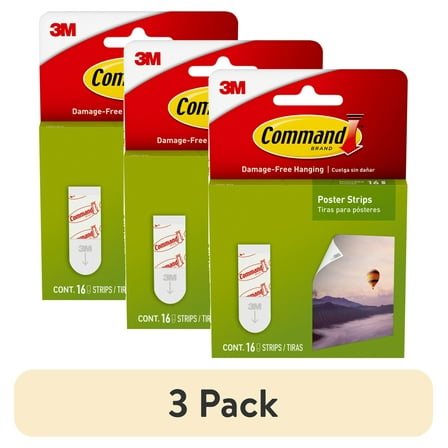(3 pack) Command Poster Strips, White, Damage-Free Hanging Poster Hangers, 16 Command Strips