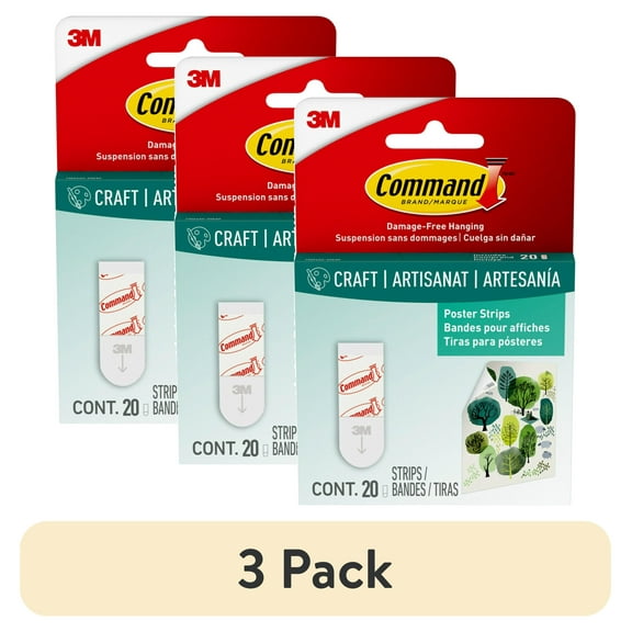 (3 pack) Command Poster Strips, White, Damage-Free Hanging Poster Hangers, 20 Command Strips