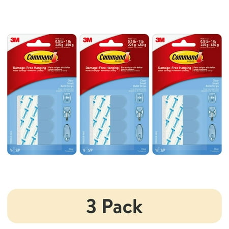 (3 pack) Command Small Clear Refill Strips for Command Clear Small Indoor Hooks, 16 Strips