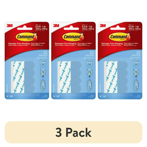 (3 pack) Command Small Clear Refill Strips for Command Clear Small Indoor Hooks, 16 Strips