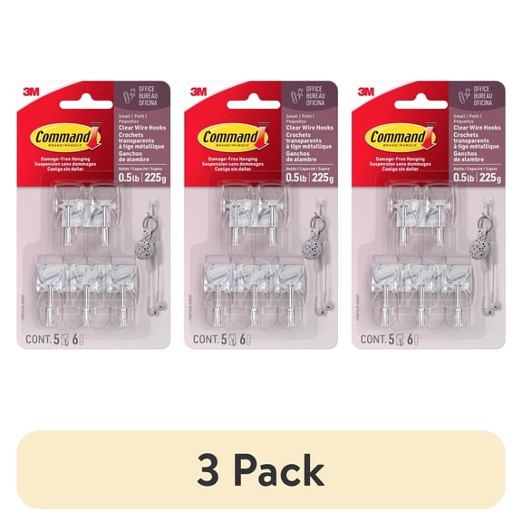 (3 pack) Command Small Wire Toggle Hooks, Clear, Damage Free Decorating, Five Hooks