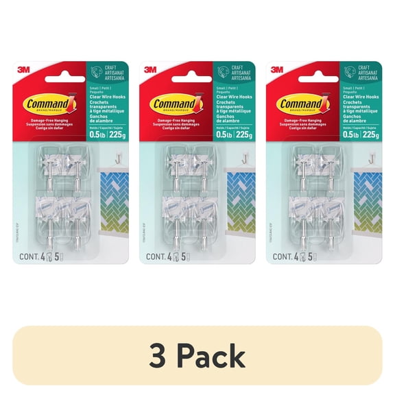 (3 pack) Command Small Wire Toggle Hooks, Clear, Damage Free Decorating, Four Hooks