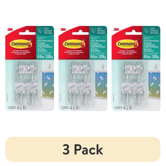(3 pack) Command Small Wire Toggle Hooks, Clear, Damage Free Decorating, Four Hooks