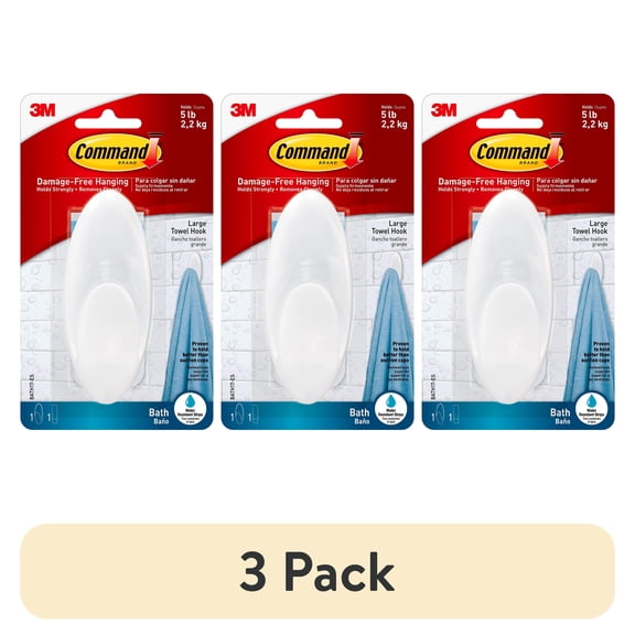 (3 pack) Command Towel Hook, Frosted, 1 Large Wall Hook, Holds 5 lbs, 1 Water Resistant Strip, Bathroom Organization