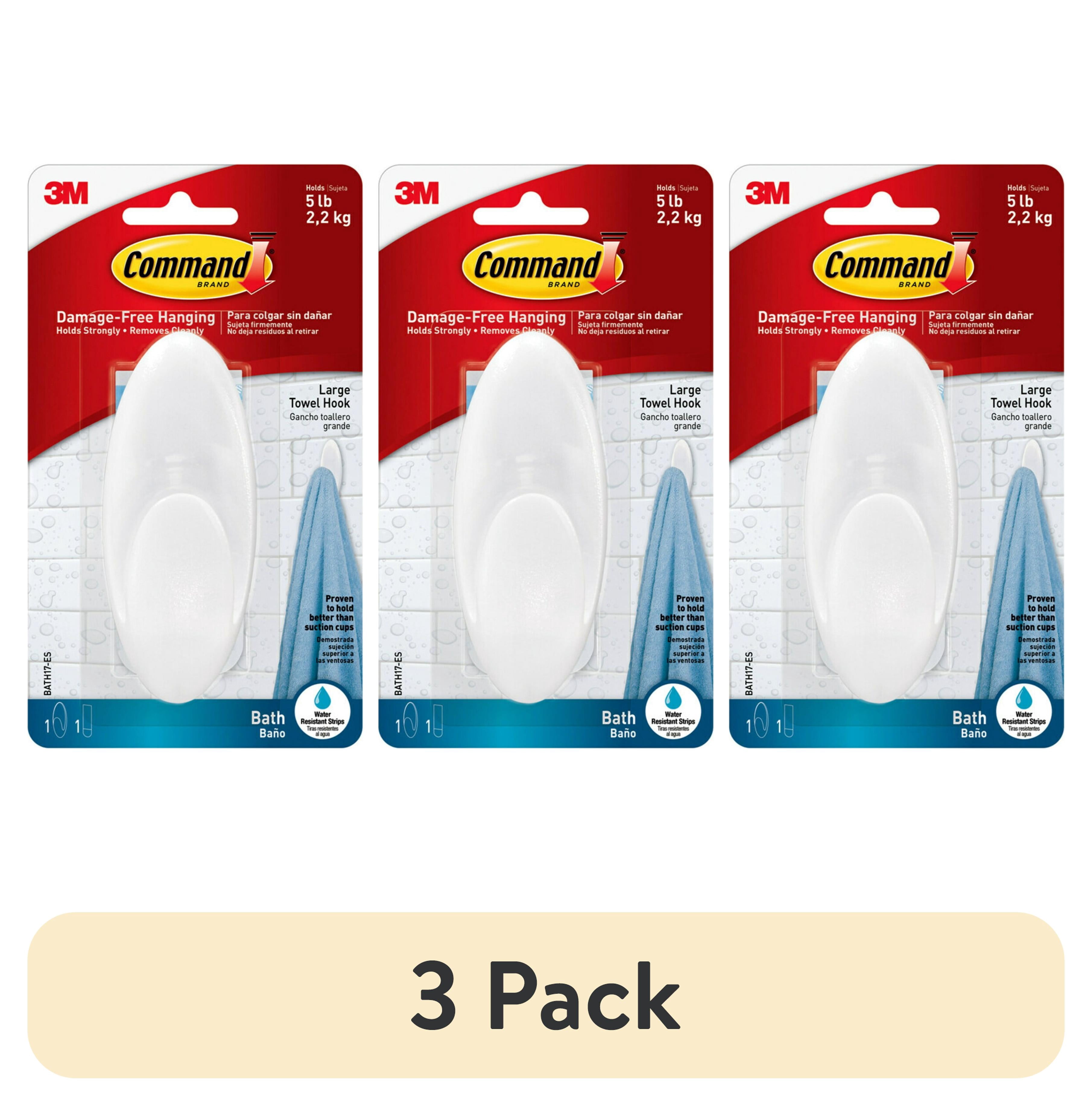 (3 pack) Command Towel Hook, Frosted, 1 Large Wall Hook, Holds 5 lbs, 1 Water Resistant Strip, Bathroom Organization