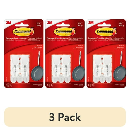 (3 pack) Command Wire Hook, White, Medium, 2 Wall Hooks