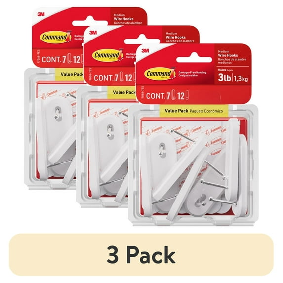 (3 pack) Command Wire Hooks Value Pack, Medium, White, 7 Wall Hooks