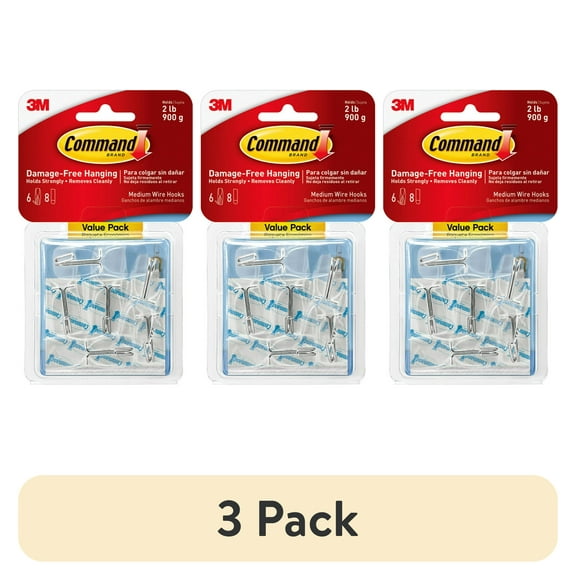 (3 pack) Command Wire Toggle Hooks, Clear, Medium, 6 Wall Hooks, Damage-Free Hanging
