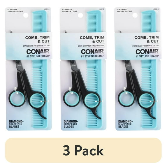 (3 pack) Conair Classic Diamond-Sharpened Shears & Barber Comb Grooming Kit, 2 Piece Set