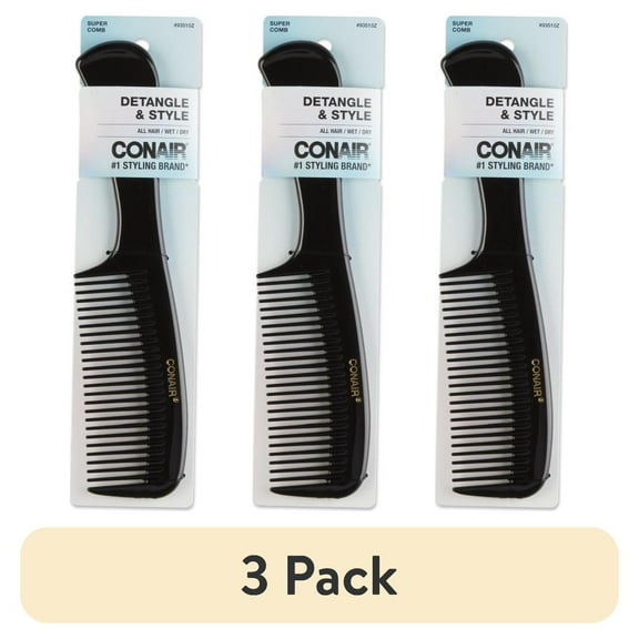 (3 pack) Conair Detangle & Style All-Purpose Hair Comb, Black