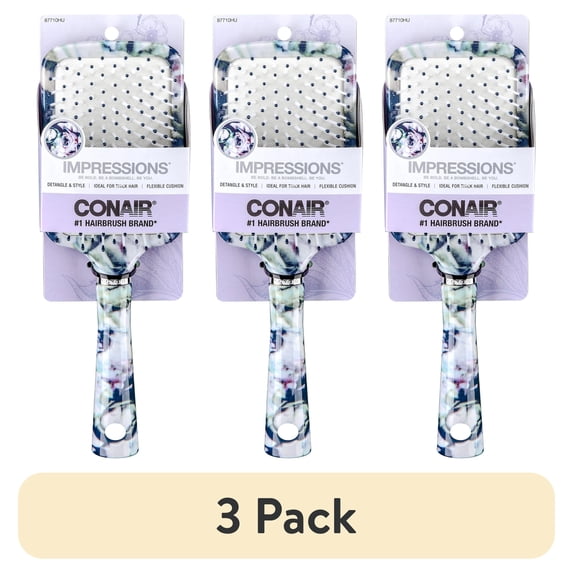 (3 pack) Conair Impressions 9.75" Nylon Square Paddle Hair Brush, Detangling, Blue Floral Print