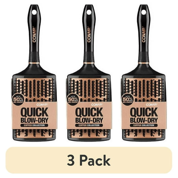 (3 pack) Conair Quick Blow-Dry Pro Curved Copper Brush, Black