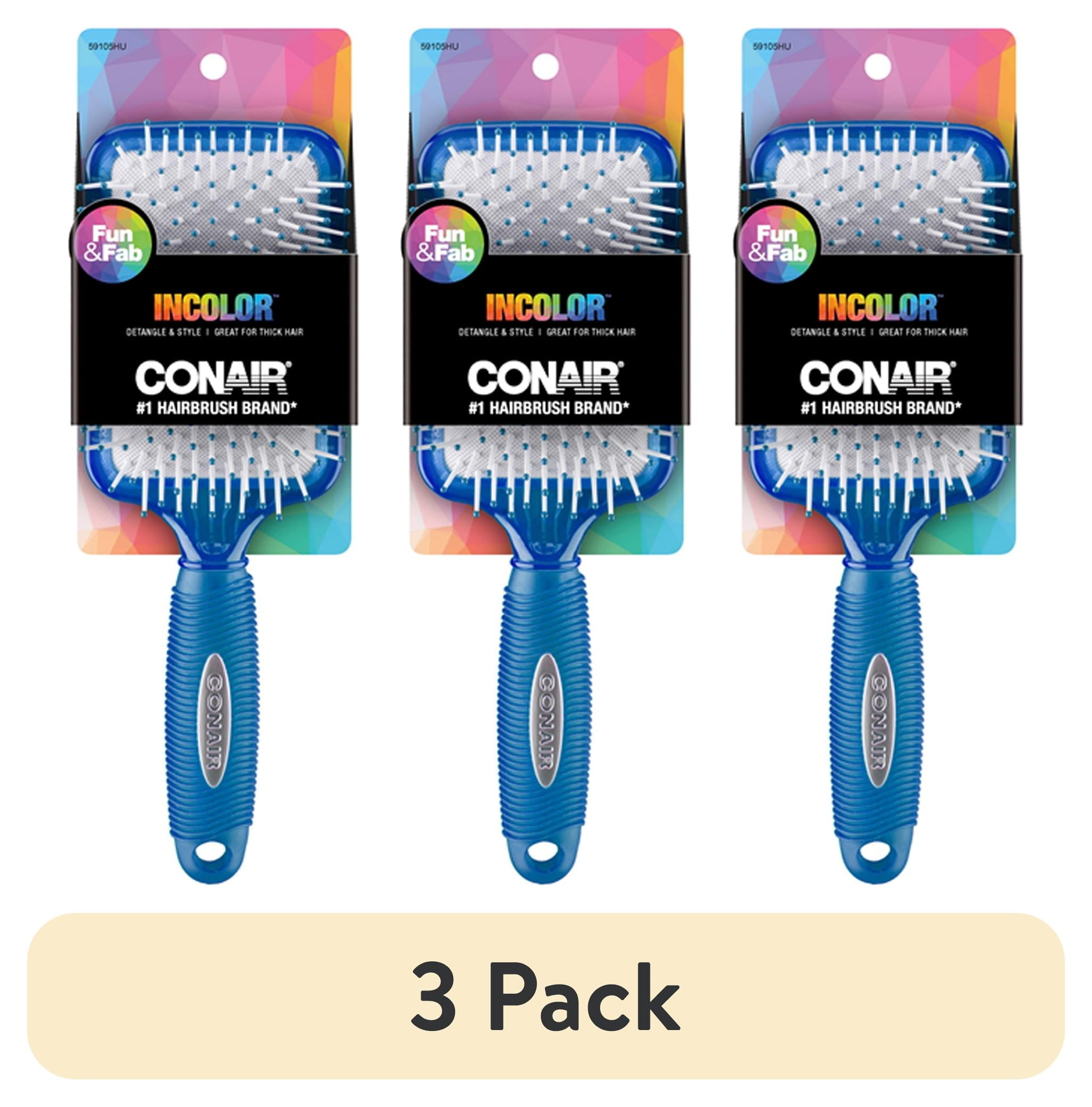 3 pack) Conair in Color Nylon Bristle Paddle Hairbrush, Colors