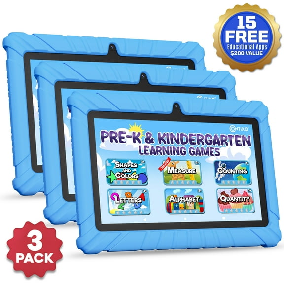 (3 pack) Contixo 7" Kids Tablet 2025 Model with Epic! & Lingokids, Educational Android Tablet for Kids 3-12, 32GB, Parental Controls, Kid-Proof Case – Blue