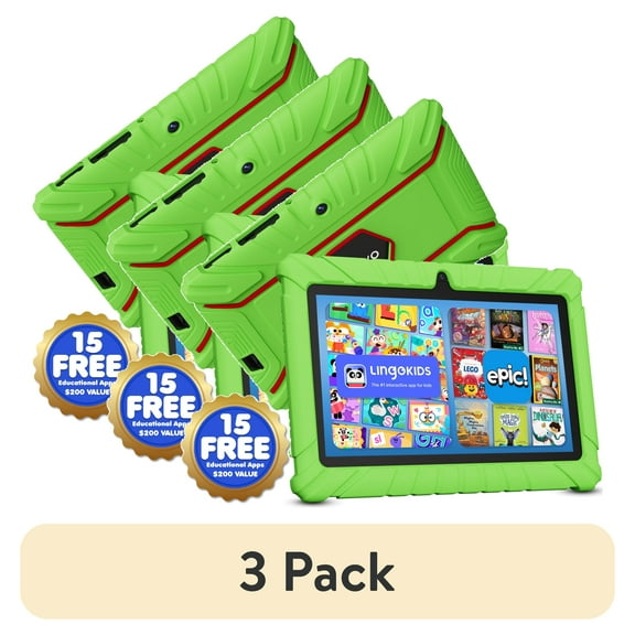 (3 pack) Contixo 7" Kids Tablet, Ages 3-7, Epic & Lingokids, Kid-Proof Case, Android Tablet, Parental Controls, 32GB - Green